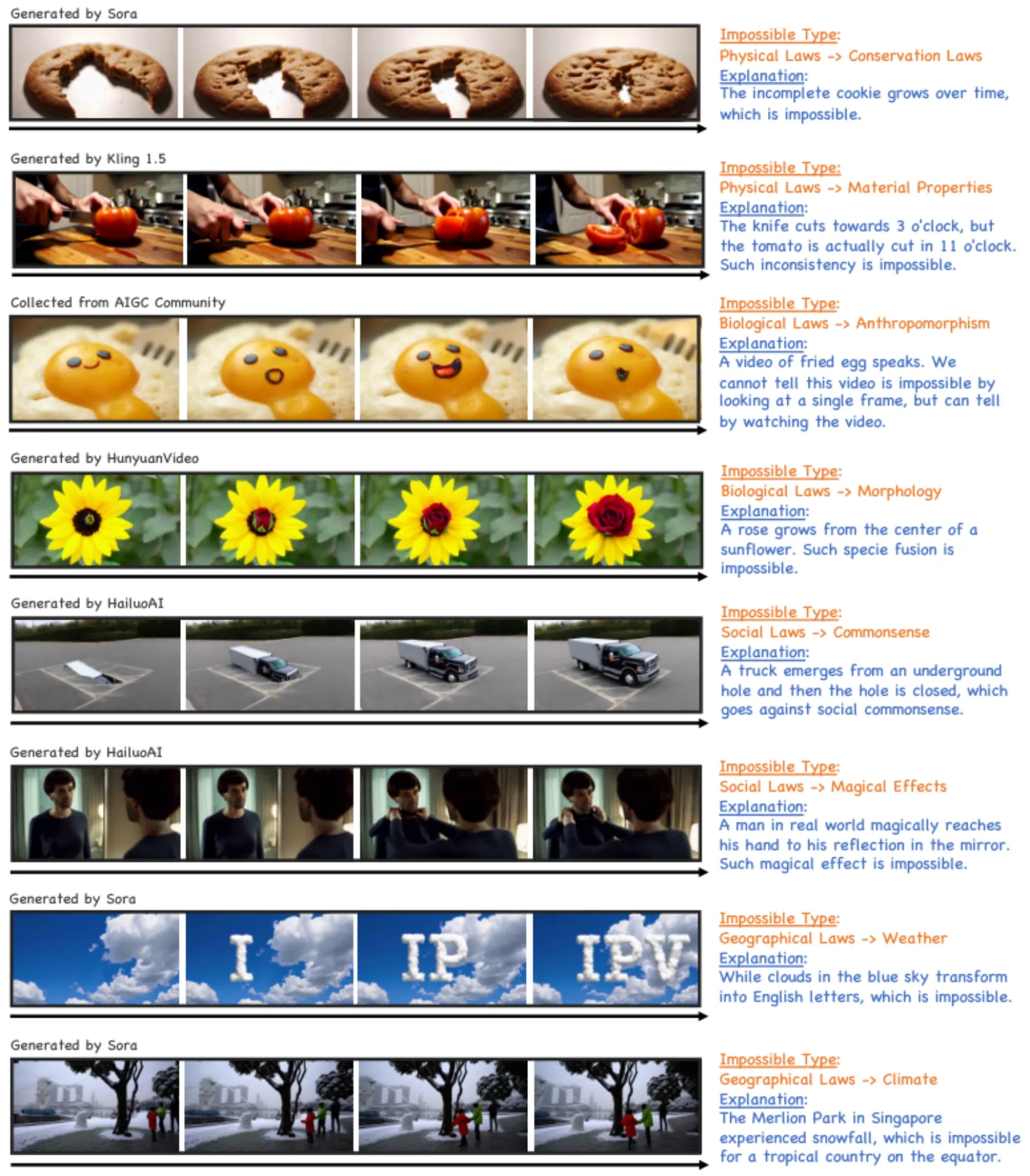 Official paper teaser: impossible-video examples that break physical or commonsense rules.