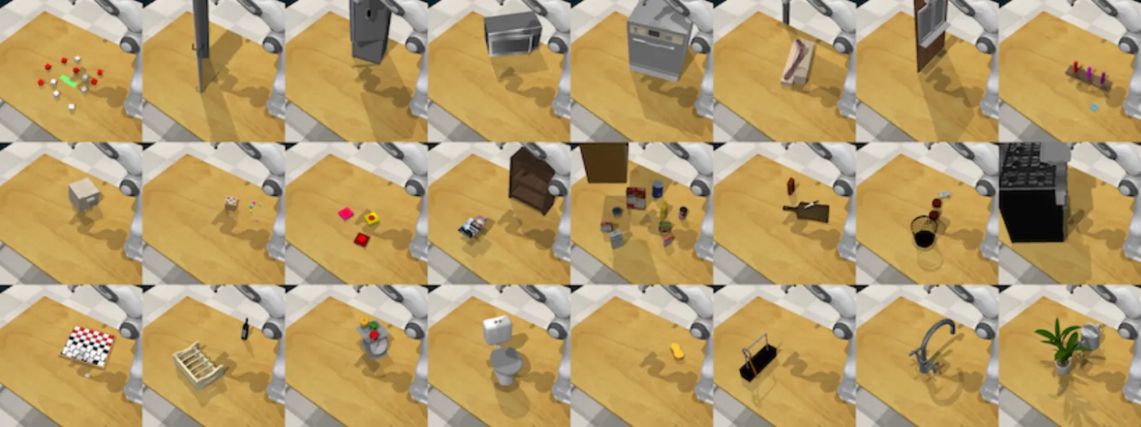 Official paper teaser: 100 hand-designed manipulation tasks in a single environment.