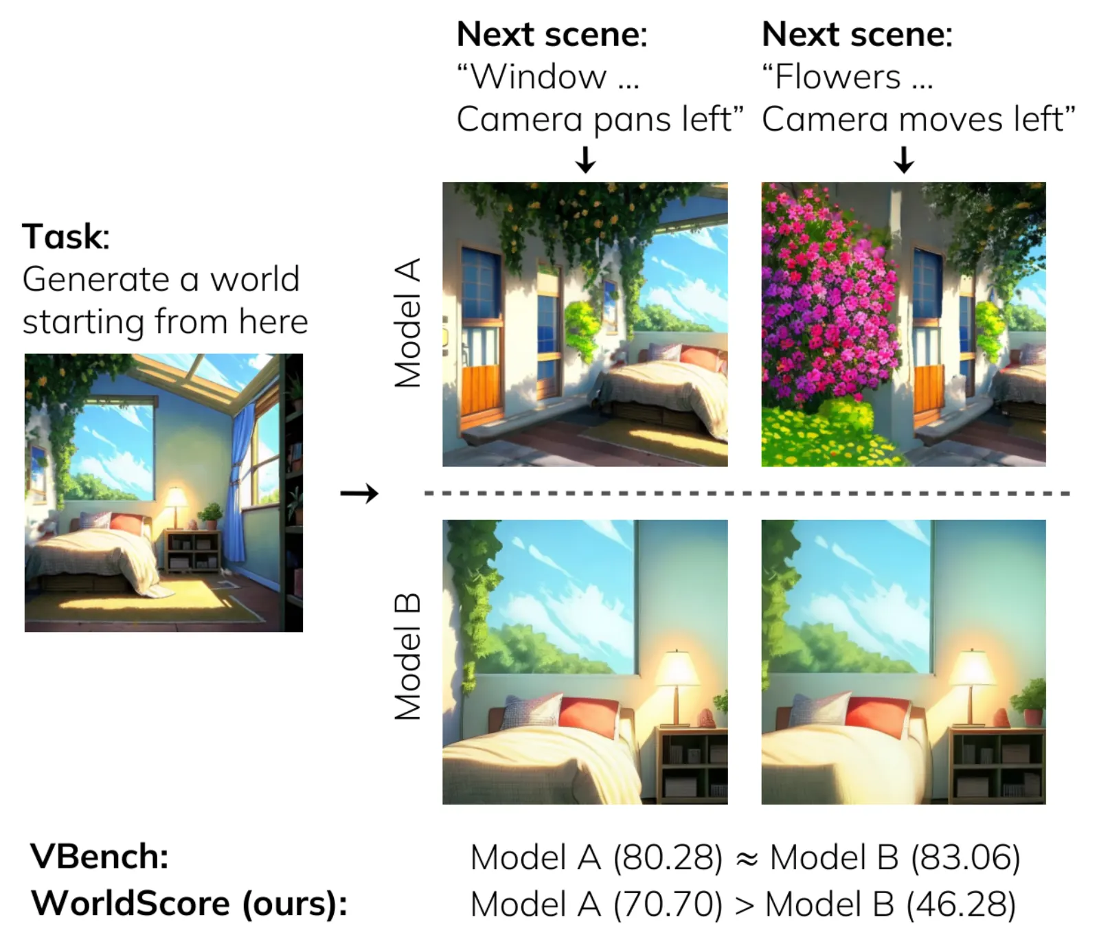 Official paper teaser: WorldScore versus prior video benches on controllability and 3D consistency.