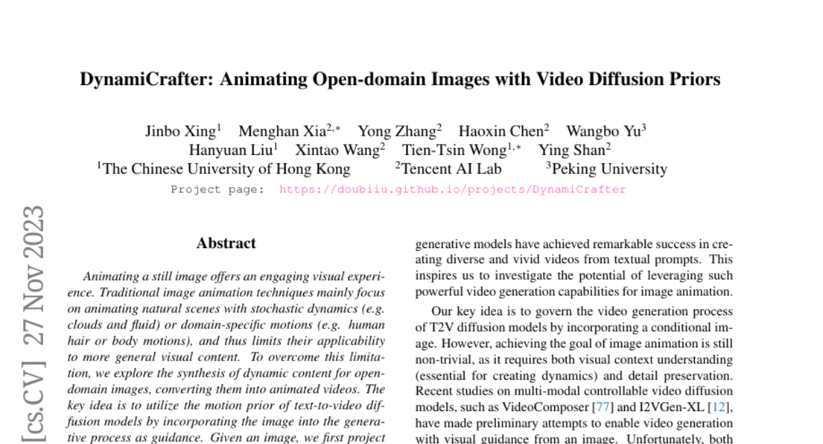 Method overview: Flowchart of the proposed DynamiCrafter . During training, we randomly select a video frame as the image condition of the denoising process through the proposed dual-stream image injection mechanism to inherit visual.