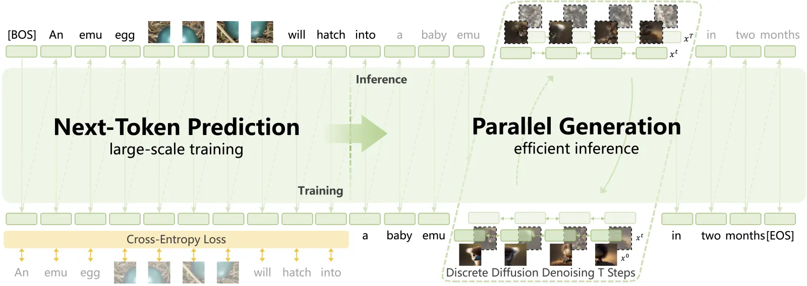 Method overview: Emu3.5 trains with next-token prediction and infers visual tokens in parallel via discrete diffusion.