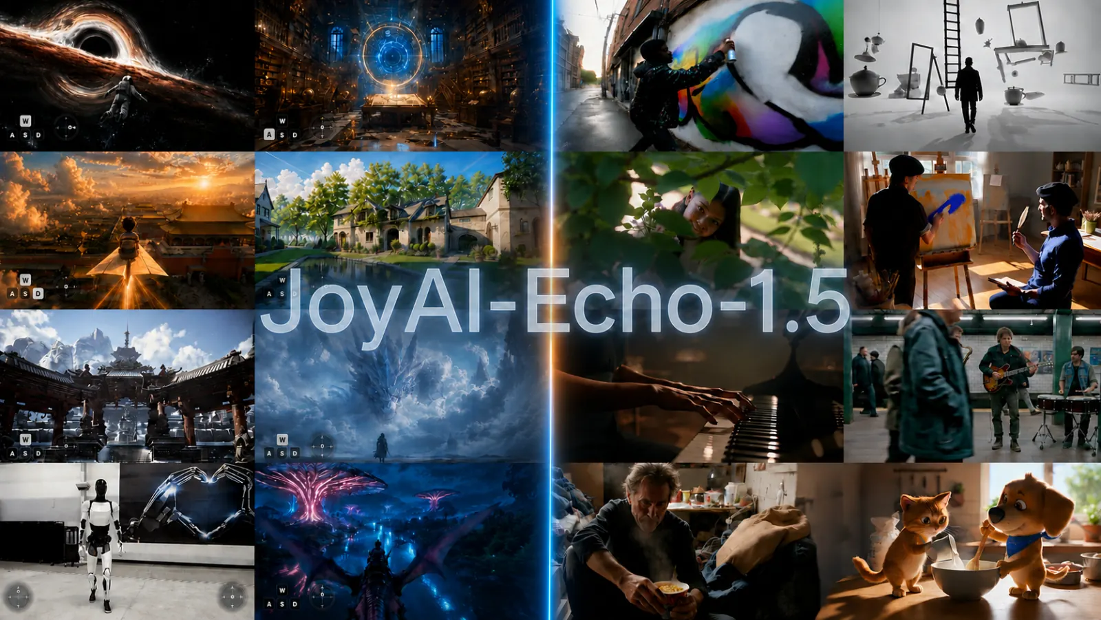 Official project teaser: JoyAI-Echo-1.5 samples spanning interactive worlds and real-world human scenes.