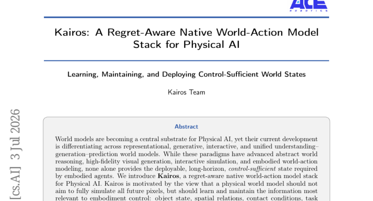 Method overview: Framework of Kairos. World Understanding extracts a control-sufficient state Z t Z_{t} ; World Generation regularizes physical consistency of Z t Z_{t} through future imagination; World Prediction uses Z t Z_{t} for.