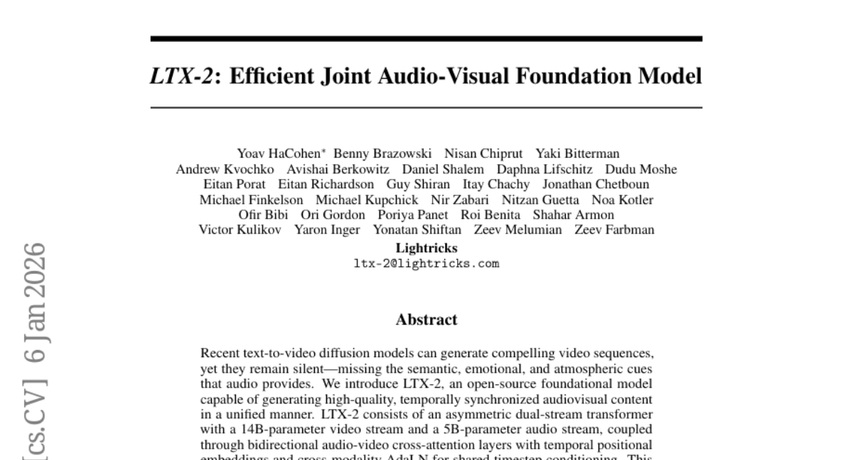 Method overview: LTX-2 encodes audio and video with causal VAEs and couples dual streams through audio-visual cross-attention.