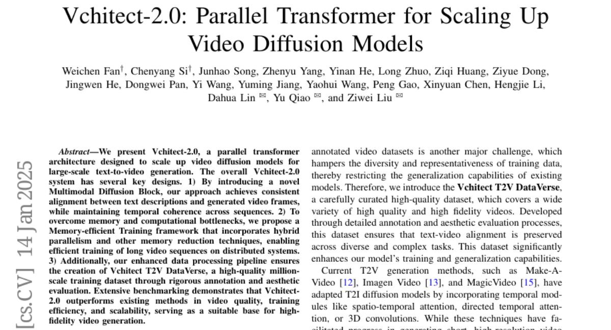 Method overview: Fig. 2 : Overview of the parallel transformer architecture used in Vchitect-2.0. The model combines text and video features using a unified framework. The Text Encoder processes input prompts, generating textual.