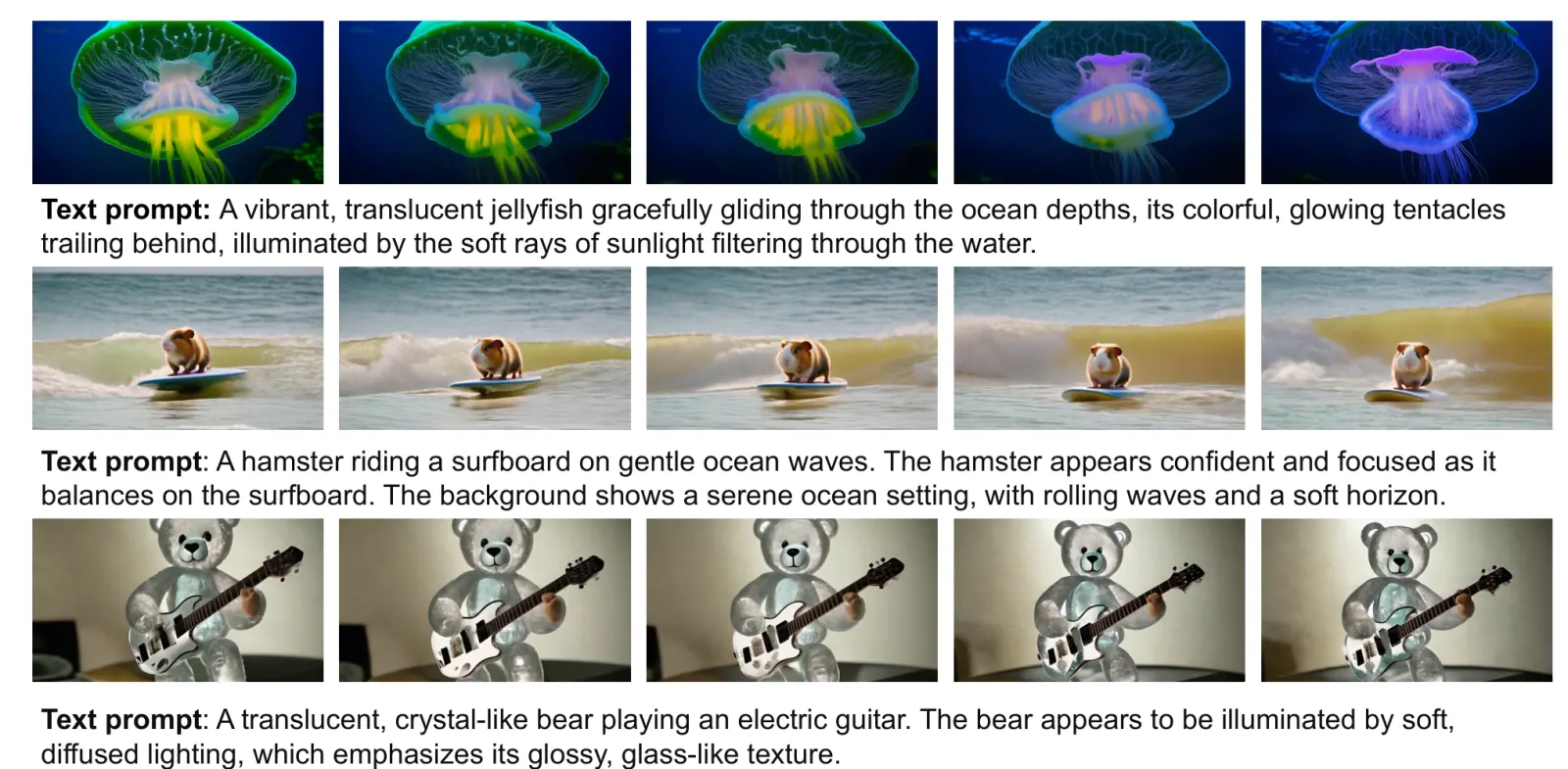 Official paper teaser: Fig. 1 : High quality videos generated by our 2B model, demonstrating its capabilities in generating videos with high-fidelity and consistent actions.